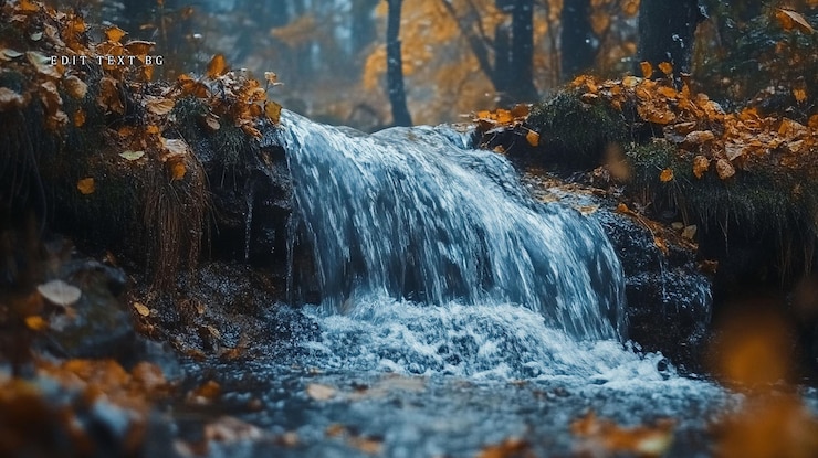 PSD cascada de bosque de otoño brumoso en cascada sobre rocas de musgo con hojas caídas