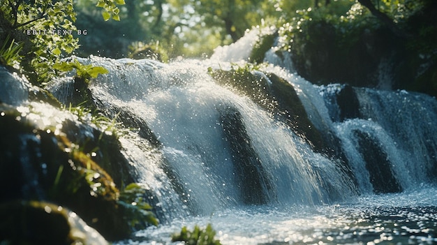 Cascada iluminada por el sol en un bosque verde exuberante