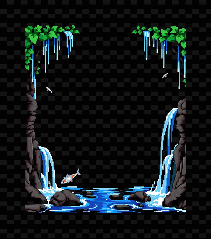 PSD cascada de píxeles frame de borde cascadas de cascadas fluyen desde la parte superior del maíz png marco chino stylee