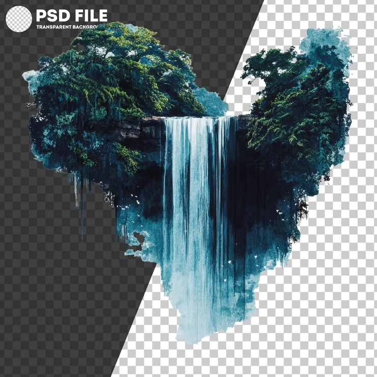 PSD la cascada de png en cascada a través del exuberante follaje de la selva
