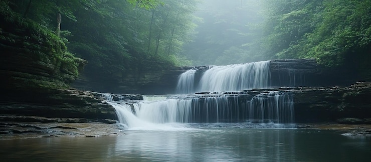 PSD una cascada tranquila en un bosque exuberante