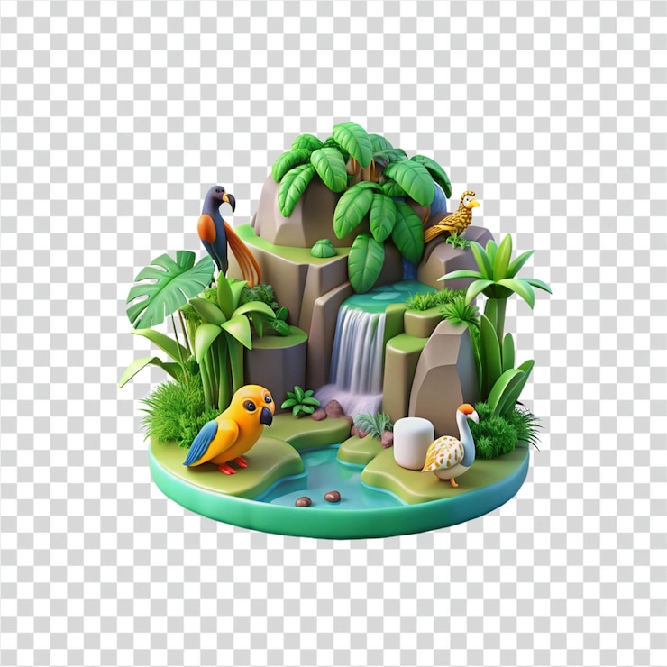PSD une cascade paradisiaque tropicale avec des oiseaux et un feuillage luxuriant