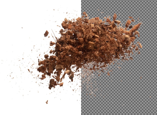 cáscara de coco explosión voladora coco picado mediano tamaño M abstracto caer por el jardín cáscaras de coco fertilizante salpicaduras lanzando en el aire fondo blanco aislado obturador de alta velocidad congelar