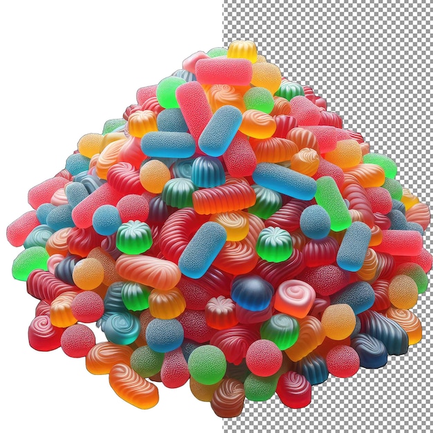 PSD cascata de confeitaria pilha 3d isolada de gomas em uma paleta png clara