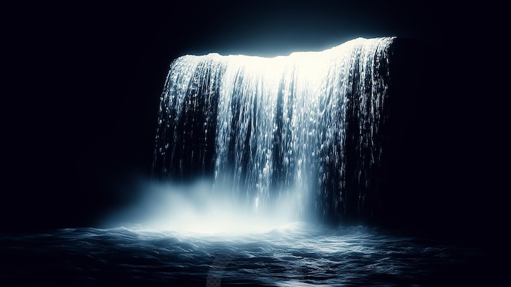 PSD cascata in cascata in una piscina buia con effetti luminosi mistici di notte