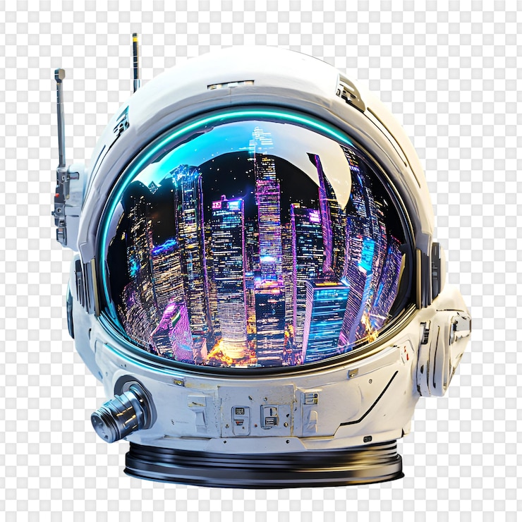 PSD casco de astronauta con reflejo futurista de la ciudad
