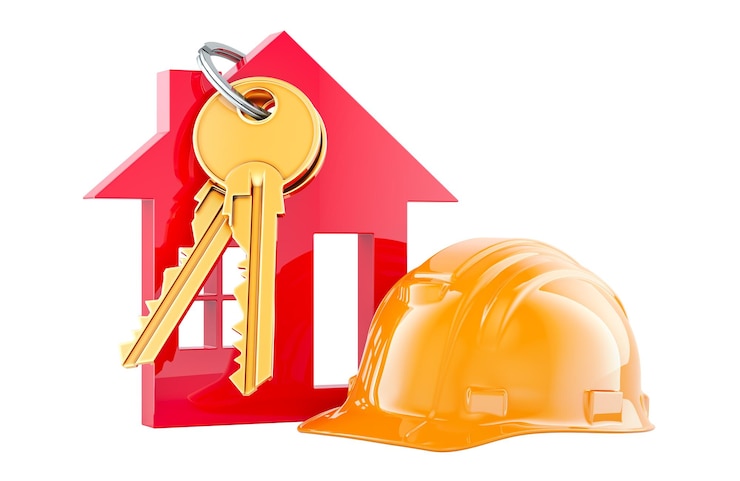 PSD casco de construcción y llave de casa con representación 3d de llavero aislado en un fondo transparente