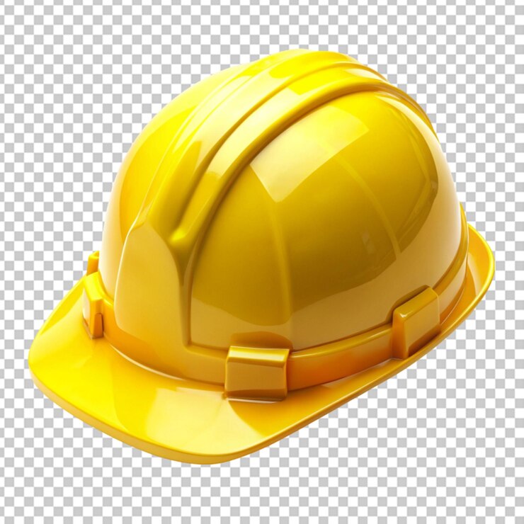 casco da costruzione in plastica dura gialla su sfondo trasparente