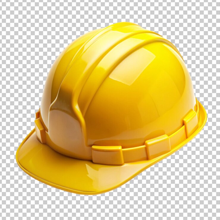 casco da costruzione in plastica dura gialla su sfondo trasparente