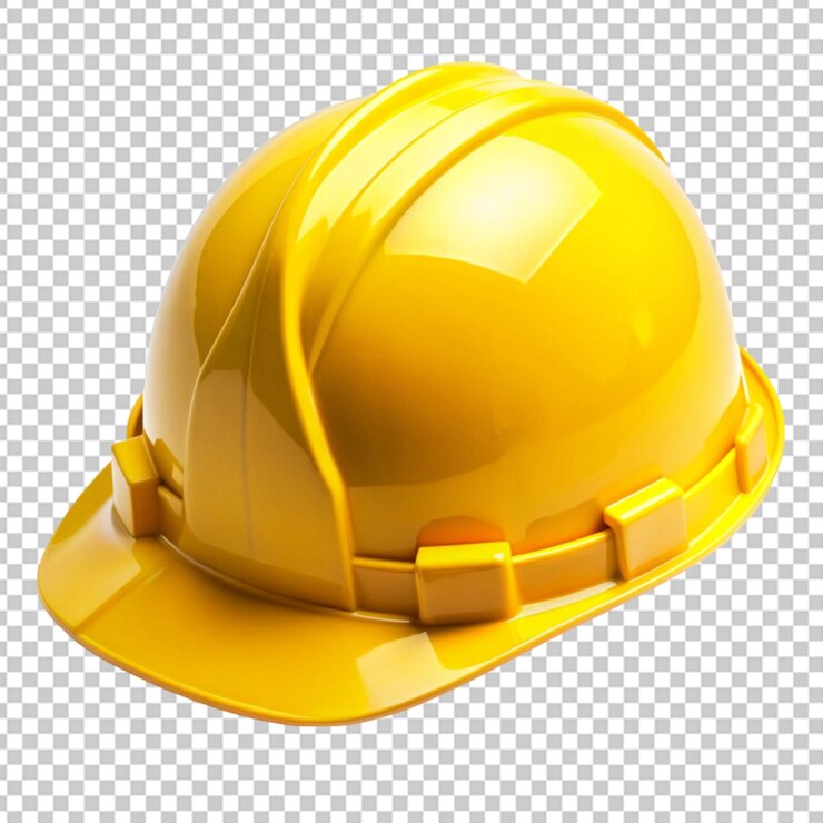 casco da costruzione in plastica dura gialla su sfondo trasparente
