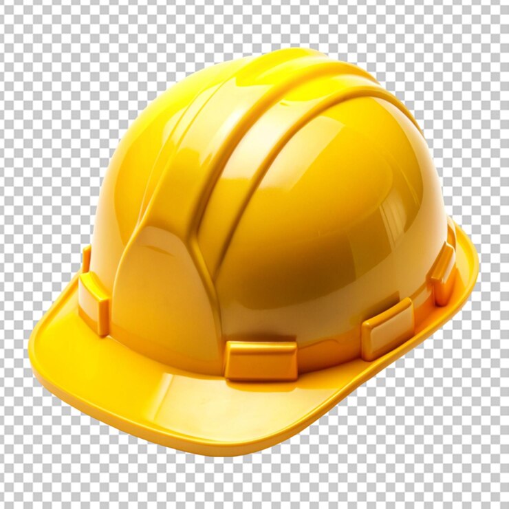 casco da costruzione in plastica dura gialla su sfondo trasparente