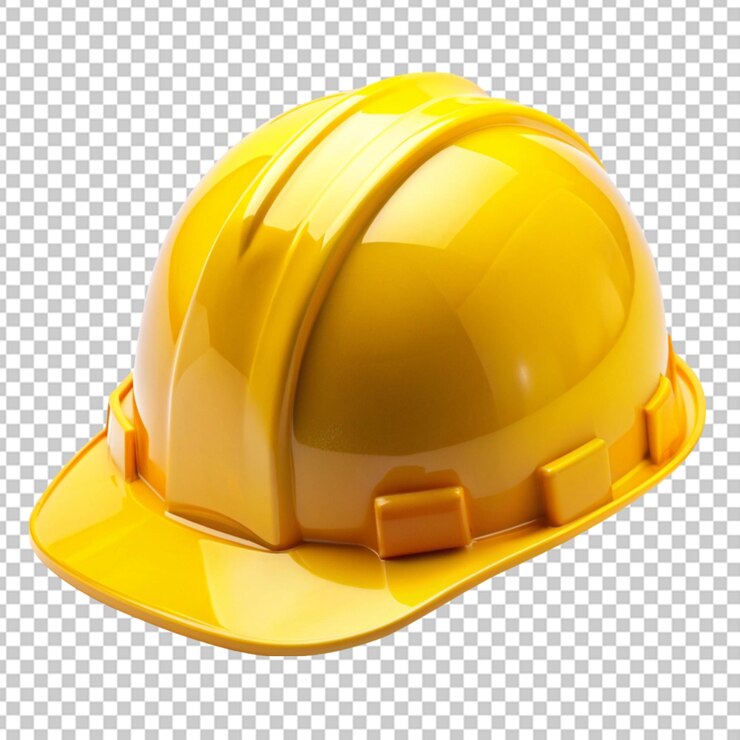 casco da costruzione in plastica dura gialla su sfondo trasparente