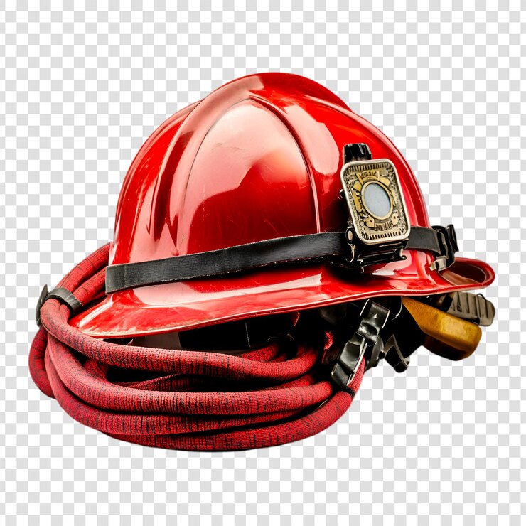 PSD casco e tubo dei vigili del fuoco indossati pronti per l'azione su uno sfondo trasparente