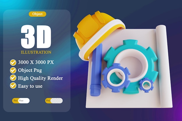 PSD casco de ingeniería de ilustración 3d y herramientas 3