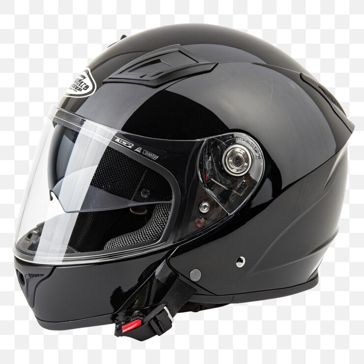 PSD casco de motocicleta negro con visera clara aislada sobre un fondo blanco