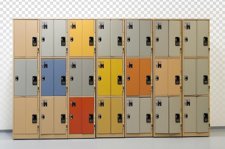PSD casilleros metálicos de colores en un ambiente de oficina luminoso