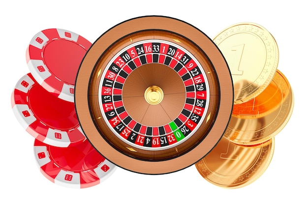 Casino-Roulette mit Pokerchips und goldenen Münzen 3D-Rendering isoliert auf transparentem Hintergrund