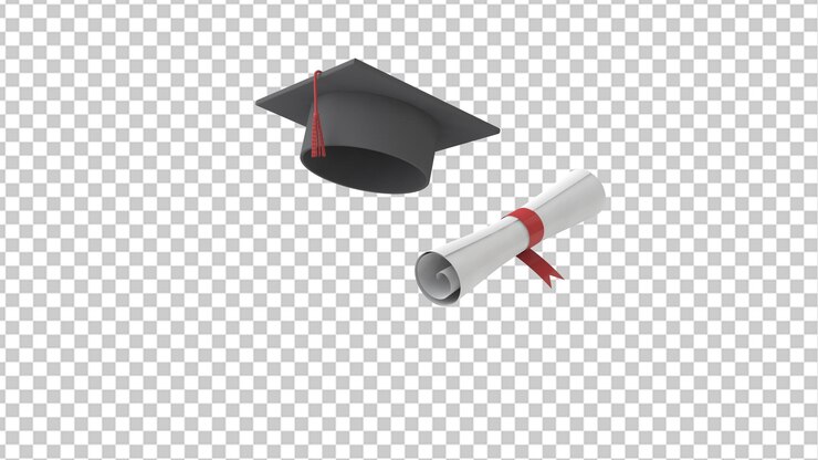Casquillo de la graduación y diploma en un render 3d de fondo transparente