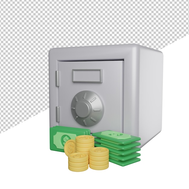 Cassaforte soldi finanza armadietto banca soldi vista laterale 3d rendering illustrazione icona sfondo trasparente