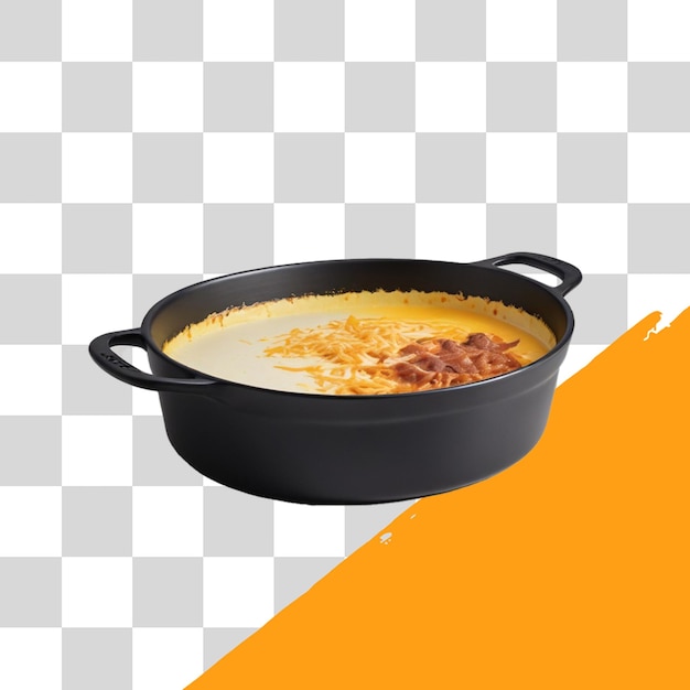 une casserole de nourriture est sur un fond blanc et orange