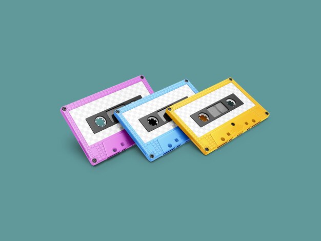 Des cassettes colorées sur un fond bleu teinté, des vibrations de musique rétro vintage.