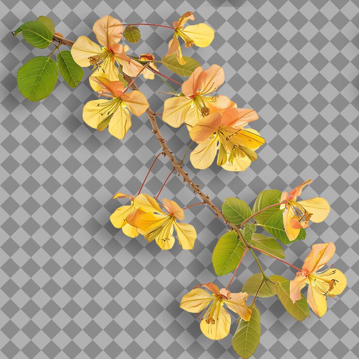 PSD cassia con una fuerte rama extendida cubierta por una gran rama de árbol aislada amarilla en bg limpio