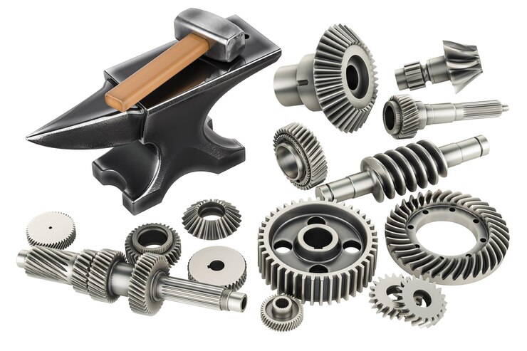 PSD cast iron anvil with forging hammer and steel gearwheels 3d rendering isolated on transparent background