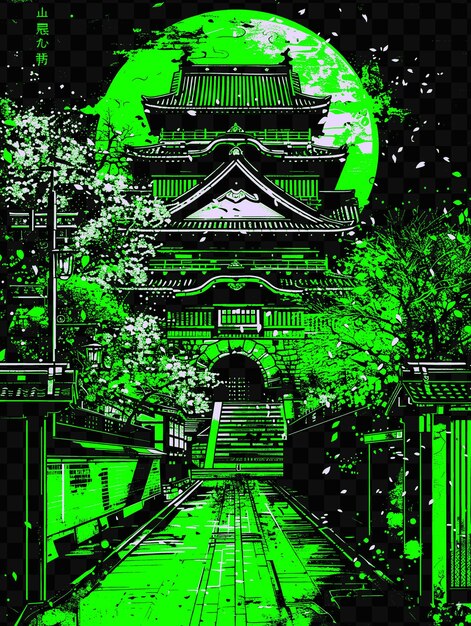 PSD castelo de nagoya com cena de rua histórica artefato samurai psd t-shirt vetorial tatuagem tinta scape art