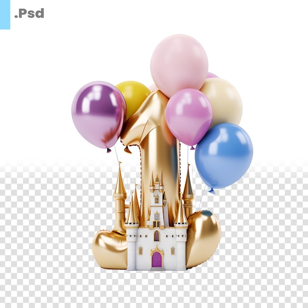 Castelo dourado com balões isolados em fundo branco modelo psd de renderização 3d