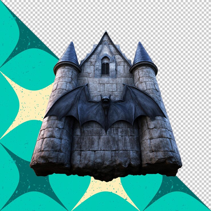 PSD castelo gótico com ilustração de fantasia de halloween de morcego