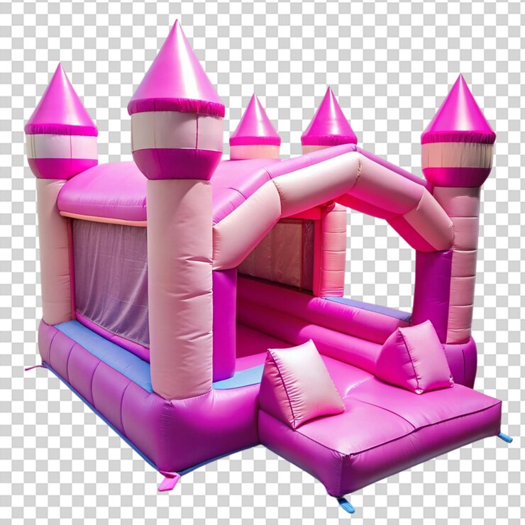 PSD un castillo inflable rosa y azul con un tobogán y un foso en un fondo transparente