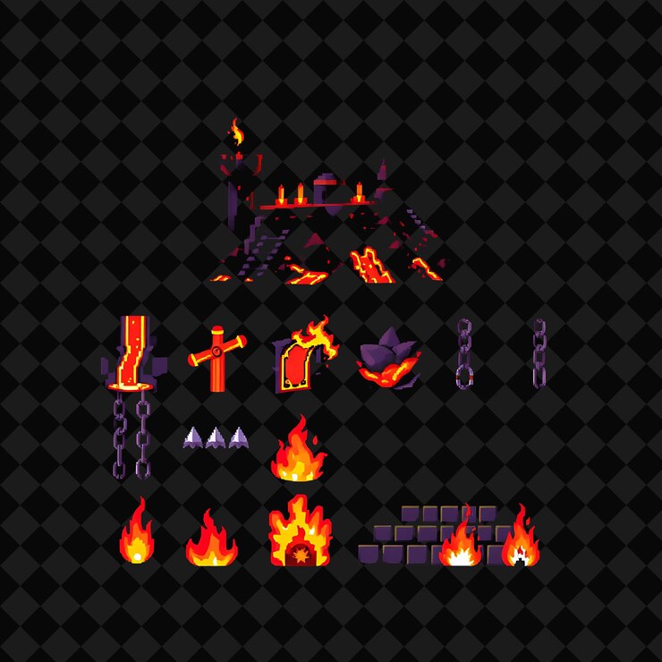 PSD el castillo de lava fluye el magma, las cadenas están clavadas, la llama lamia las paredes, el castillo de la lava irradia calor.