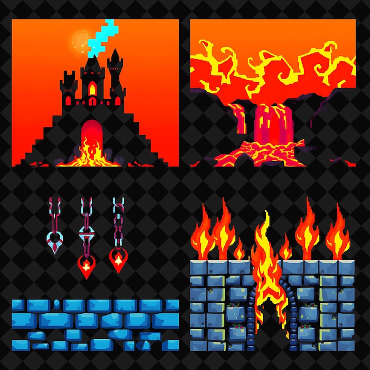 PSD el castillo de lava fluye el magma, las cadenas están clavadas, la llama lamia las paredes, el castillo de la lava irradia calor.