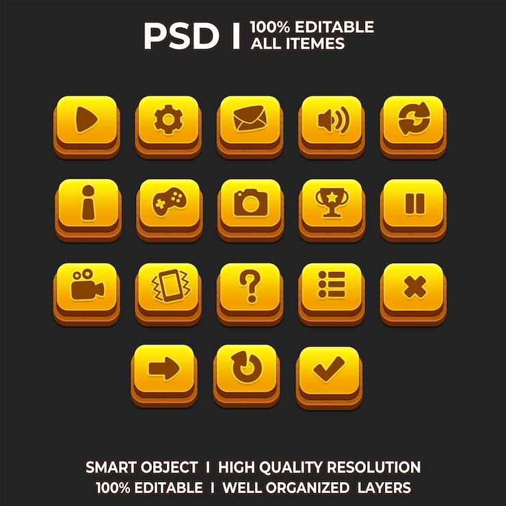 PSD casual game ui kit game ui button game button set cartoon game ui game button con icone gioco