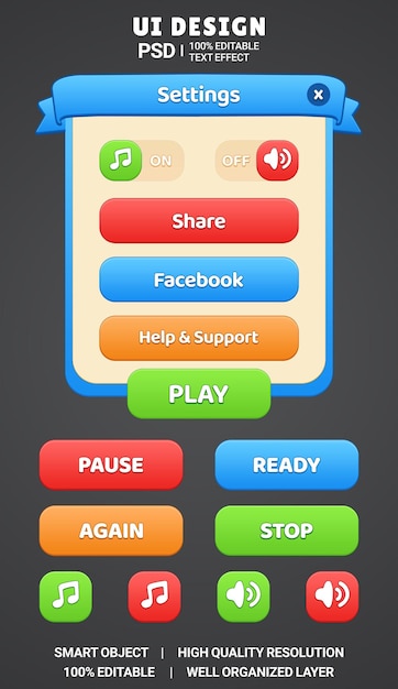 Casual juego ui diseño de botón kit psd Popup juego ui interfaz de botón