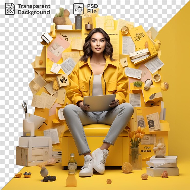PSD casual style woman sitting on a yellow chair with a silver laptop surrounded by a yellow wall and a yellow and orange flower in a clear glass vase she wears a yellow jacket and white shoes