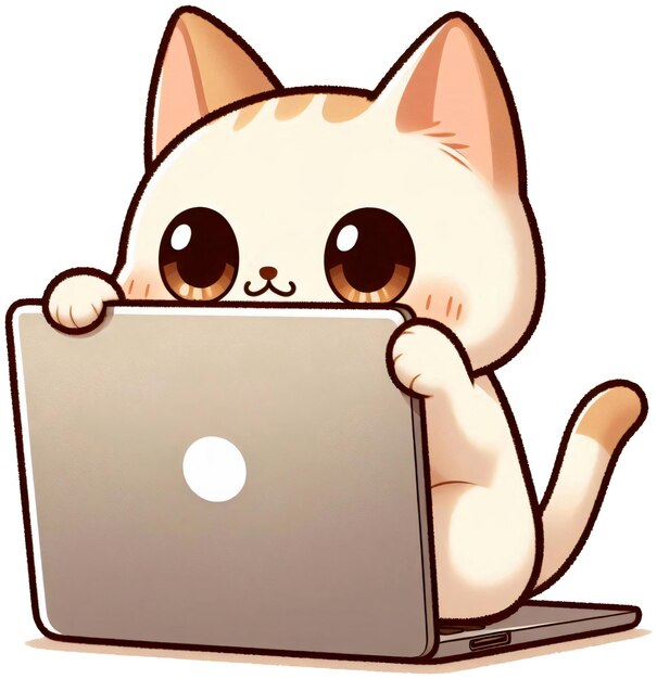 A cat hiding behind a laptop with only its eyes showing Japanese cartoon style