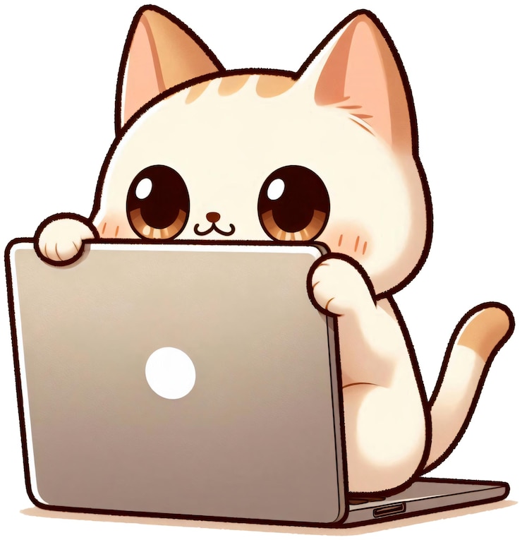 PSD a cat hiding behind a laptop with only its eyes showing japanese cartoon style