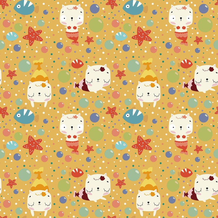 PSD cat mermaid seamless pattern