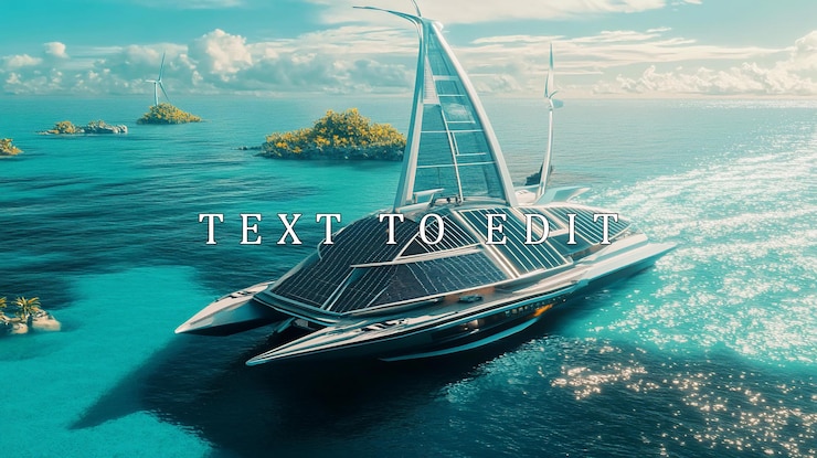 PSD un catamarán futurista impulsado por el sol navegando a través del océano turquesa cerca de islas tropicales