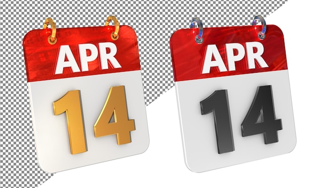 Catorce 14 de abril Fecha Icono 3D aislado Amplificador de oro Renderizado en 3D brillante