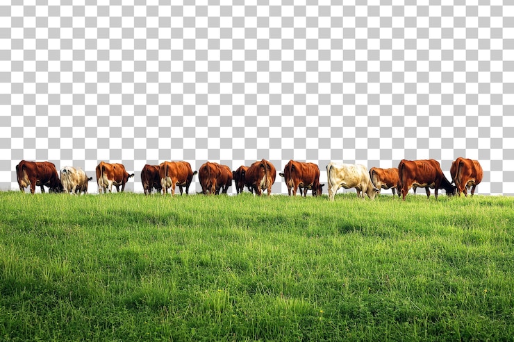 PSD cattle grazing in a green pasture isolated on transparent background