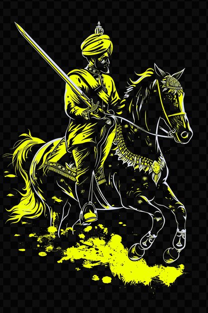 PSD cavalier azerbaïdjanais avec un sabre assis sur un cheval dans un t-shirt design art outlines d'encre de tatouage