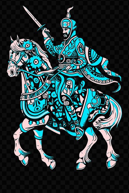 PSD cavalier azerbaïdjanais avec un sabre assis sur un cheval dans un t-shirt design art outlines d'encre de tatouage