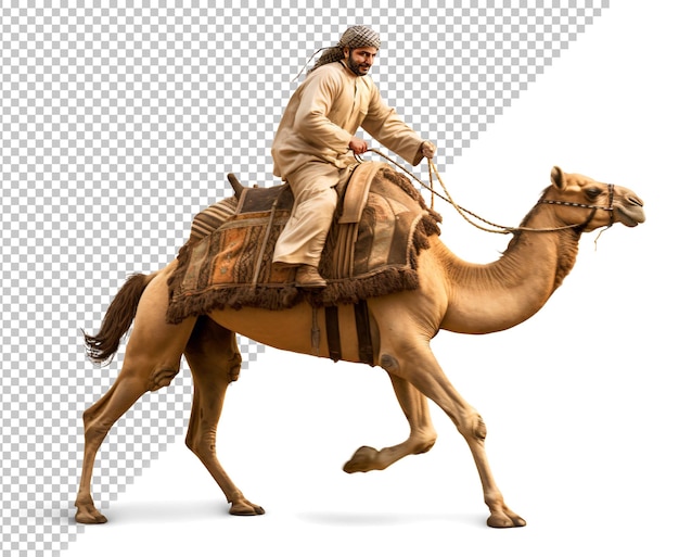PSD un cavalier de chameau voyageant rapidement sur un fond isolé