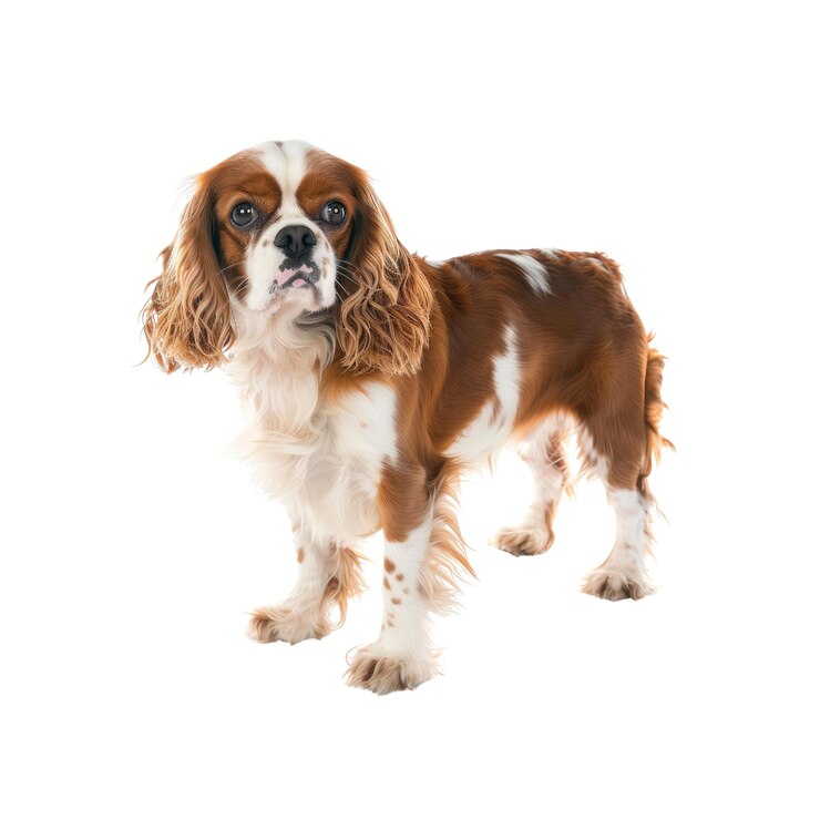 PSD cavalier king charles spaniel cão de pé em fundo branco