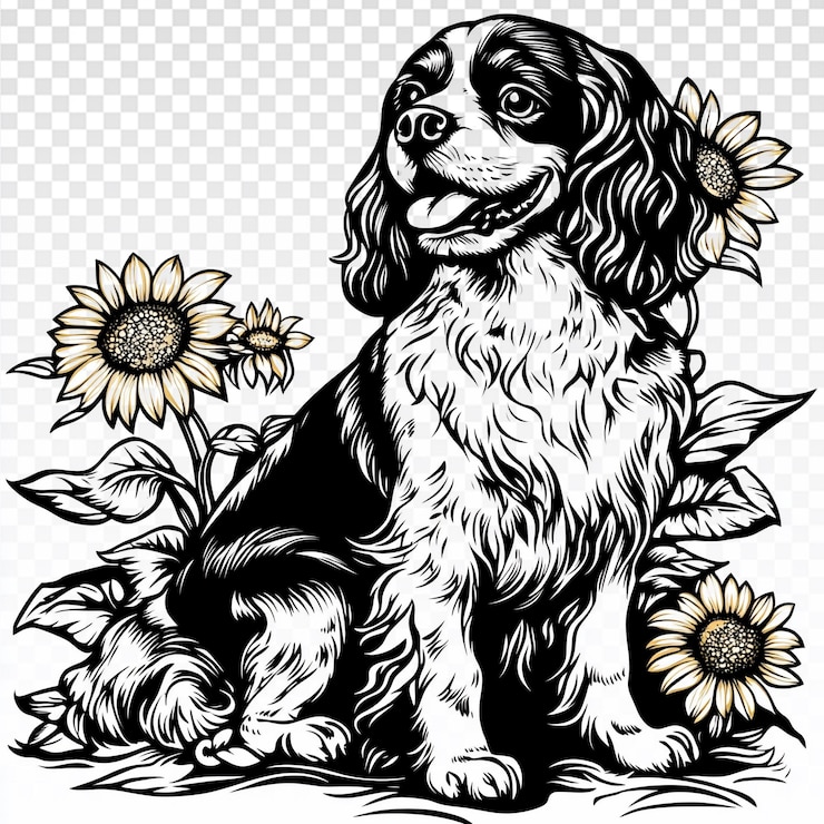 PSD cavalier king charles spaniel circondato da girasoli illustrazione