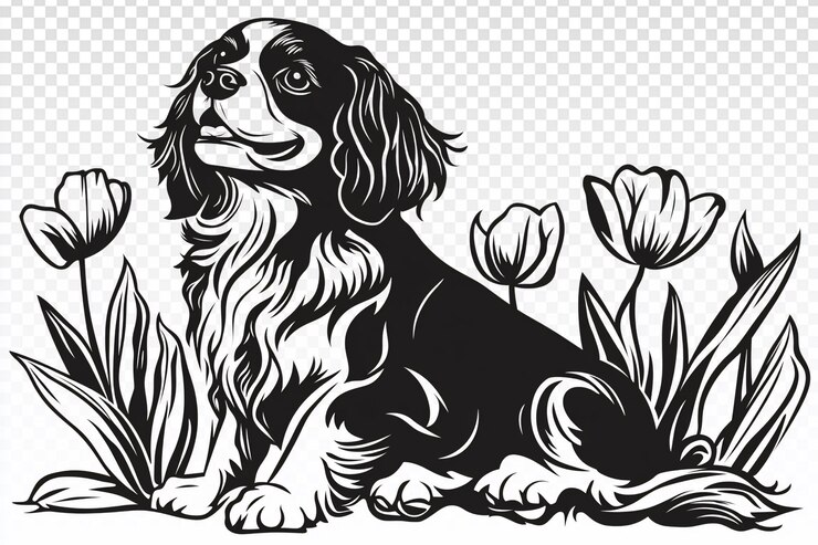 PSD cavalier king charles spaniel circondato da tulipani illustrazione