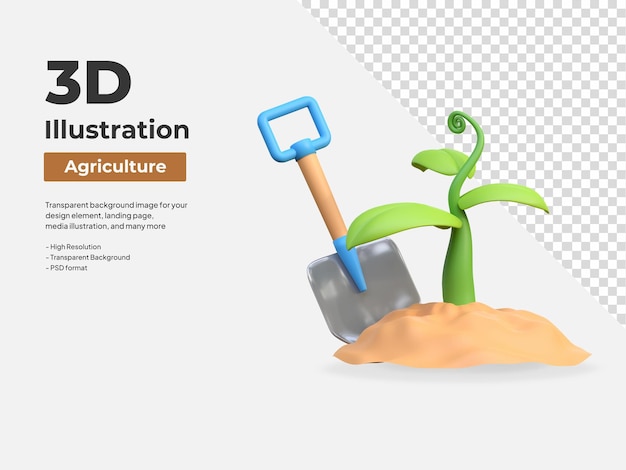 PSD cavando planta usando pá agricultura agricultura ilustração de ícone 3d