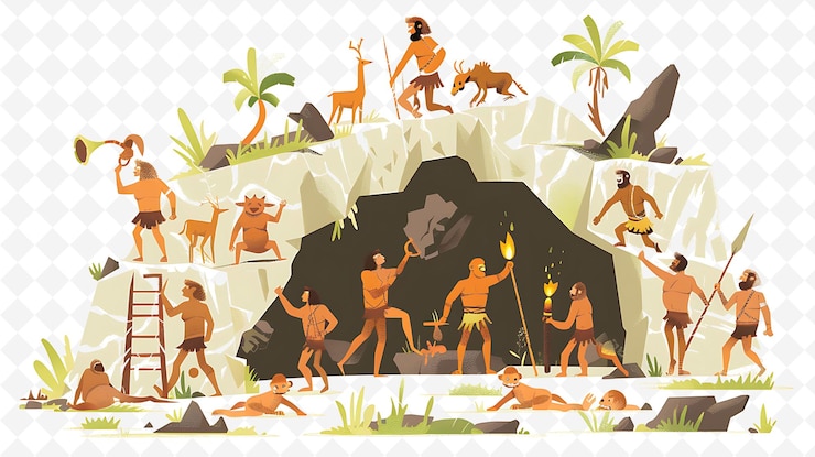 PSD cavemen painting on cave walls design is primitive and artis flat illustration festival theme art